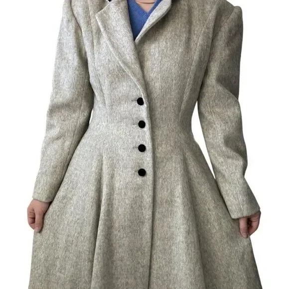 Vintage Womens Cullinane Gray Wool Bow Waist Velvet Collar Trench Coat Jacket S - Picture 11 of 14